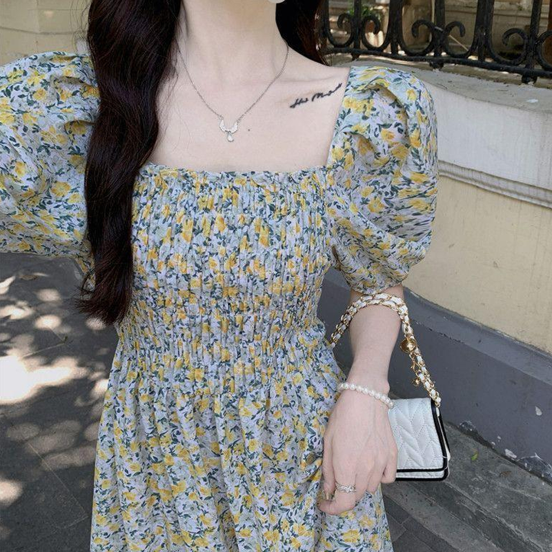 Women's Tea Dress Casual Square Neck Short Sleeve Ditsy Floral Maxi Long Dress Daily display picture 8