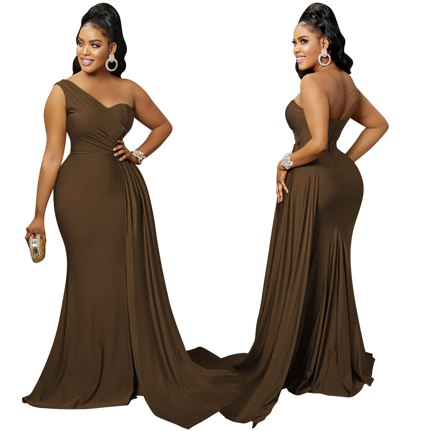 Women's Irregular Skirt Elegant Oblique Collar Patchwork Pleated Backless Sleeveless Solid Color Maxi Long Dress Daily display picture 32