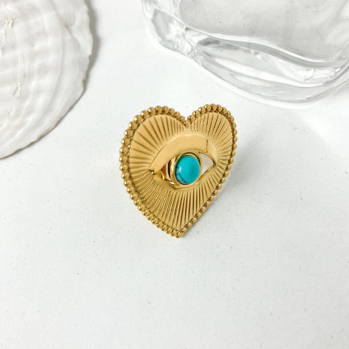 304 Stainless Steel Gold Plated Vintage Style Simple Style Plating Inlay Irregular Heart Shape Turquoise Pearl Zircon Open Rings display picture 5