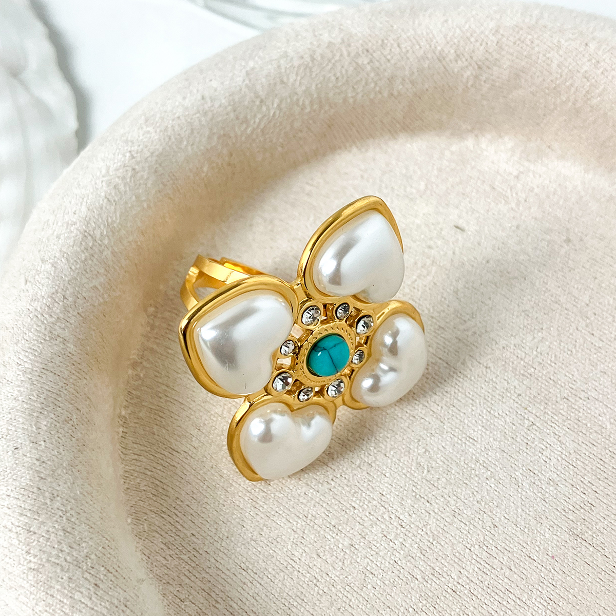 304 Stainless Steel Gold Plated Vintage Style Simple Style Plating Inlay Irregular Heart Shape Turquoise Pearl Zircon Open Rings display picture 8