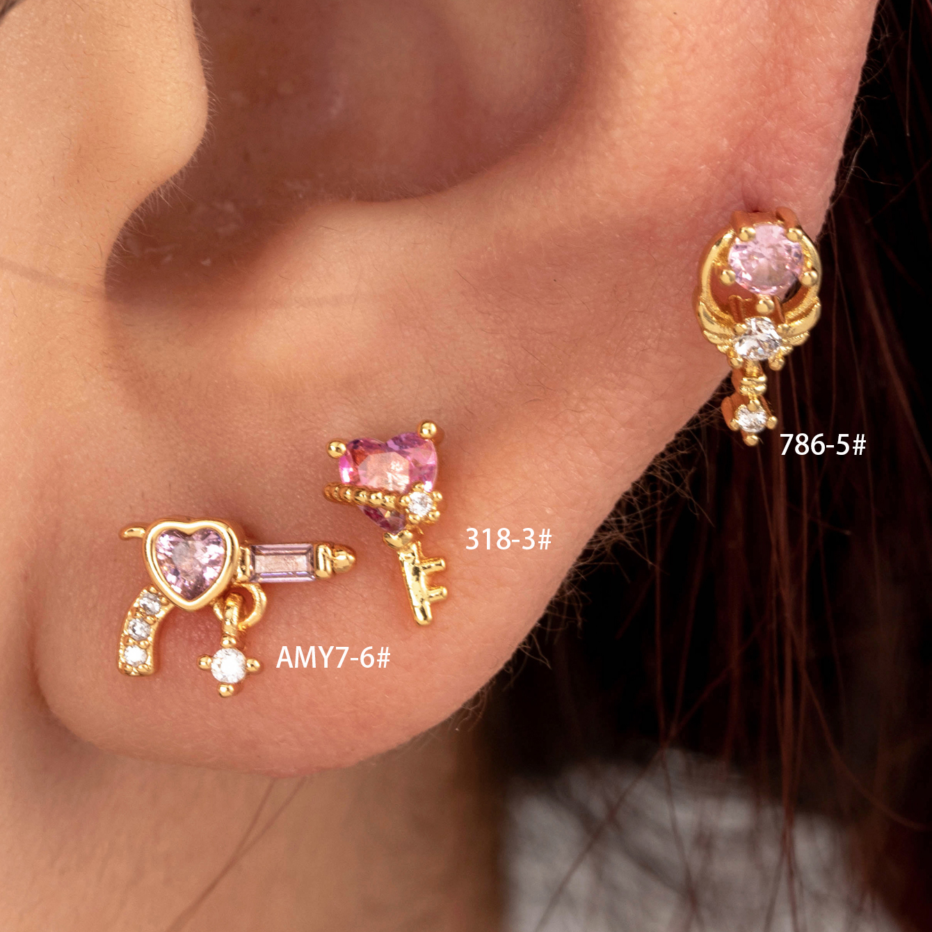 1 Piece IG Style French Style Simple Style Pistol Heart Shape Key Inlay Copper Zircon Ear Studs display picture 2