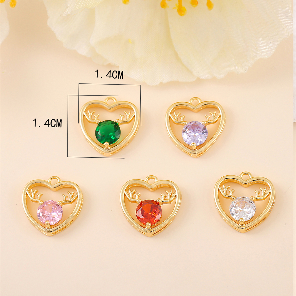 1 Piece 14*14mm Copper Zircon 14K Gold Plated White Gold Plated Heart Shape Antlers Polished Pendant display picture 3