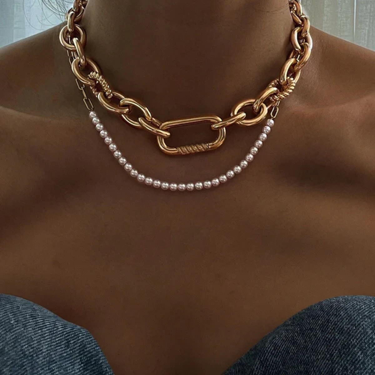 Edelstahl 304 Künstliche Perle IG-Stil Asymmetrisch Runden Halskette display picture 7