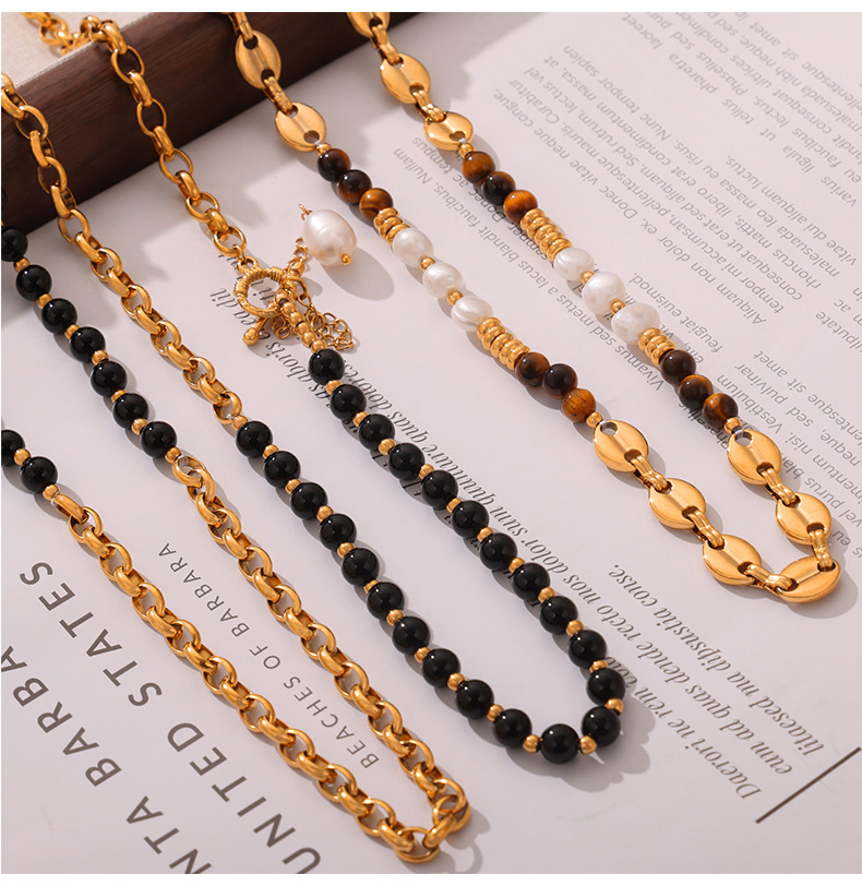 Retro British Style Geometric Agate Tiger Eye Titanium Steel Beaded 18K Gold Plated Unisex Sweater Chain Necklace display picture 2