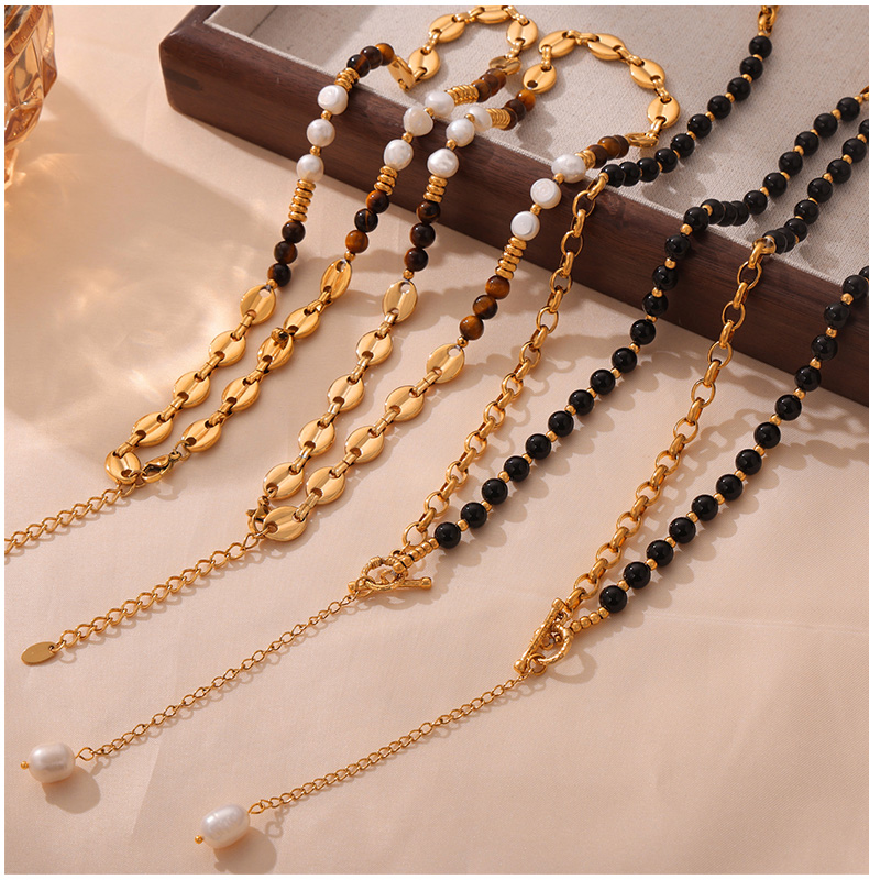 Retro British Style Geometric Agate Tiger Eye Titanium Steel Beaded 18K Gold Plated Unisex Sweater Chain Necklace display picture 3
