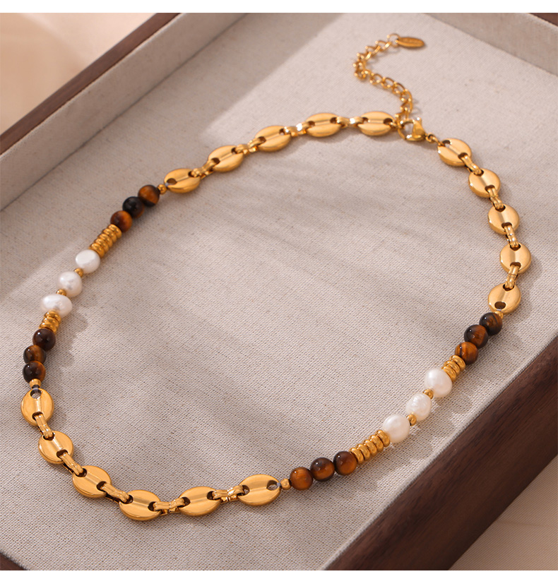 Retro Britischer Stil Geometrisch Achat Tigerauge Titan Stahl Perlen 18 Karat Vergoldet Unisex Pulloverkette Halskette display picture 5