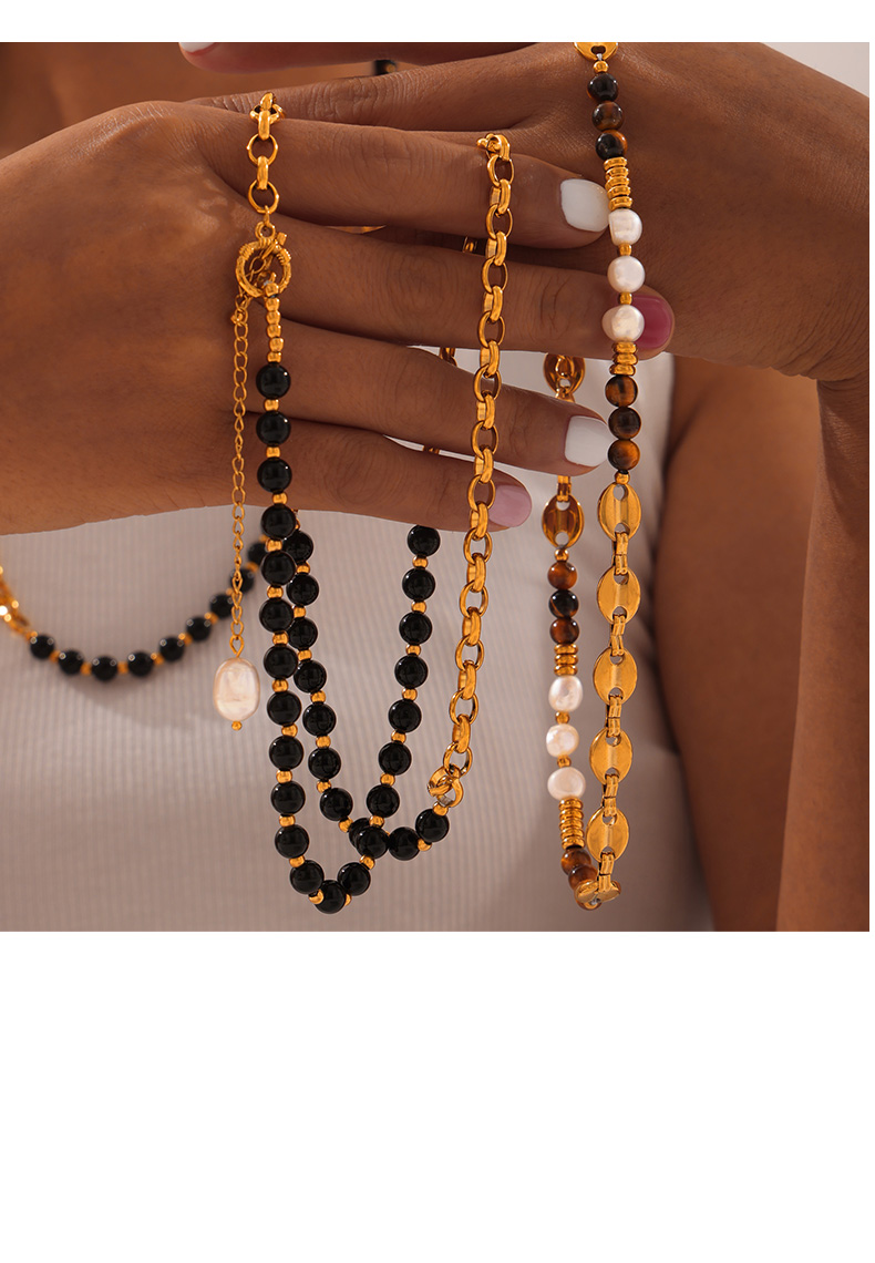 Retro Britischer Stil Geometrisch Achat Tigerauge Titan Stahl Perlen 18 Karat Vergoldet Unisex Pulloverkette Halskette display picture 4