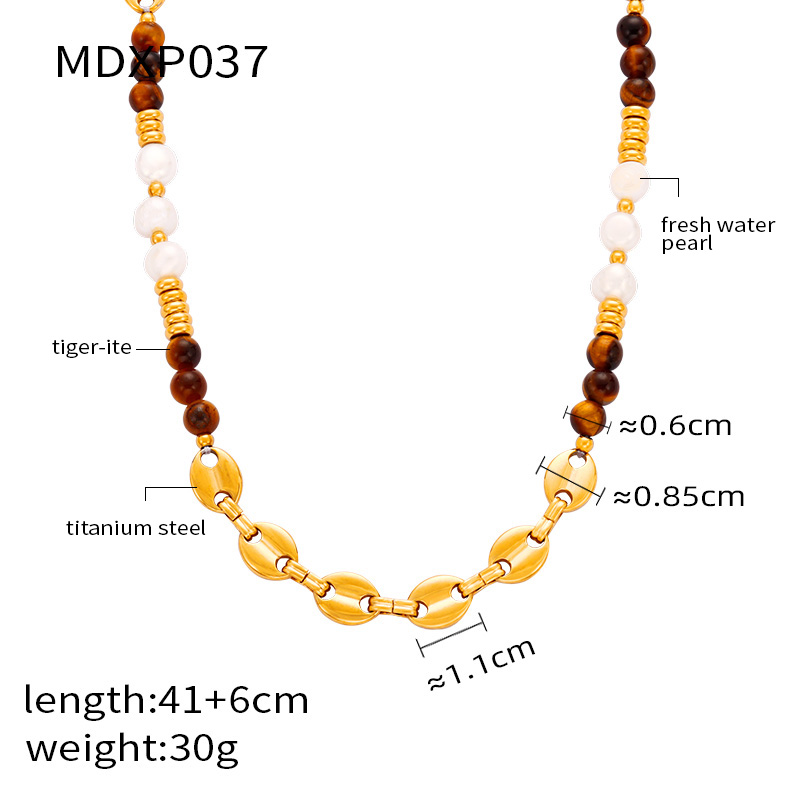 Retro British Style Geometric Agate Tiger Eye Titanium Steel Beaded 18K Gold Plated Unisex Sweater Chain Necklace display picture 7