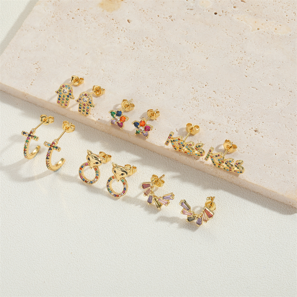 1 Pair Vintage Style Flower Inlay Copper Zircon 14K Gold Plated Hoop Earrings display picture 10