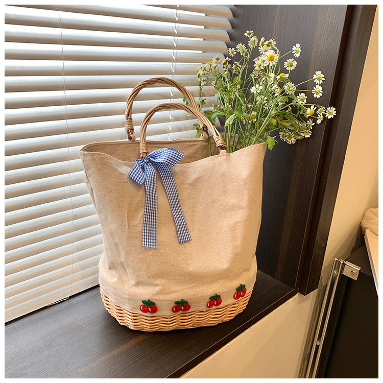 Women's Large Straw Solid Color Flower Bow Knot Vacation Beach Weave Bucket Open Handbag Straw Bag display picture 11