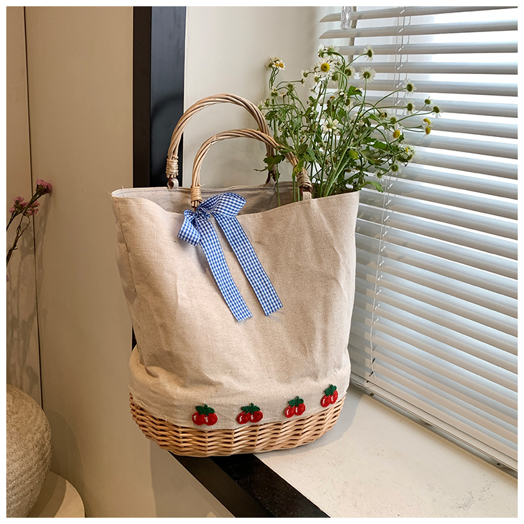 Women's Large Straw Solid Color Flower Bow Knot Vacation Beach Weave Bucket Open Handbag Straw Bag display picture 12