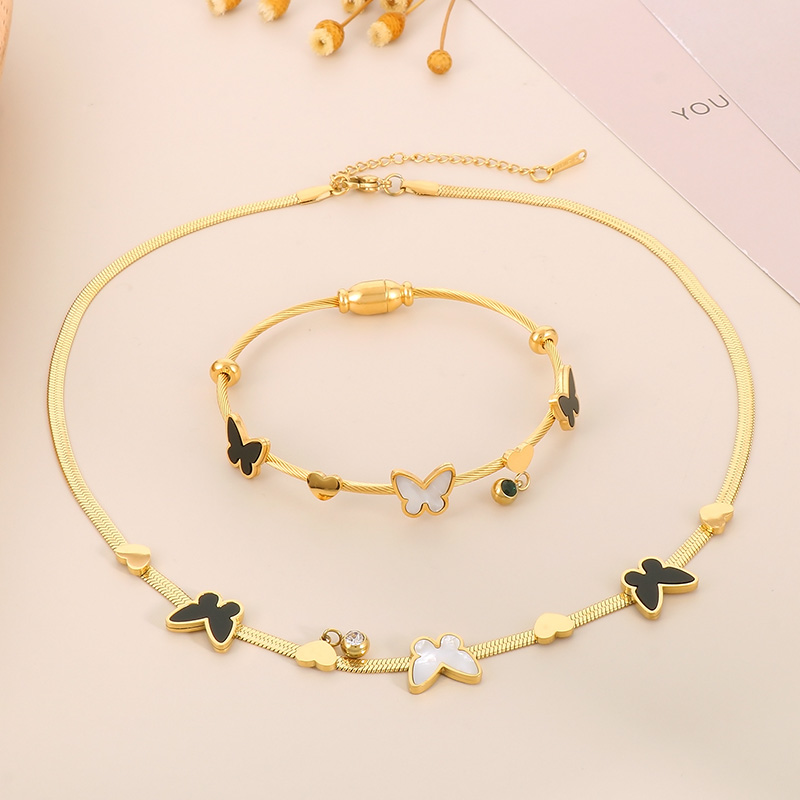 Acero Titanio Chapados en oro de 18k Elegante Señora Mariposa Pulsera Aretes Collar display picture 1
