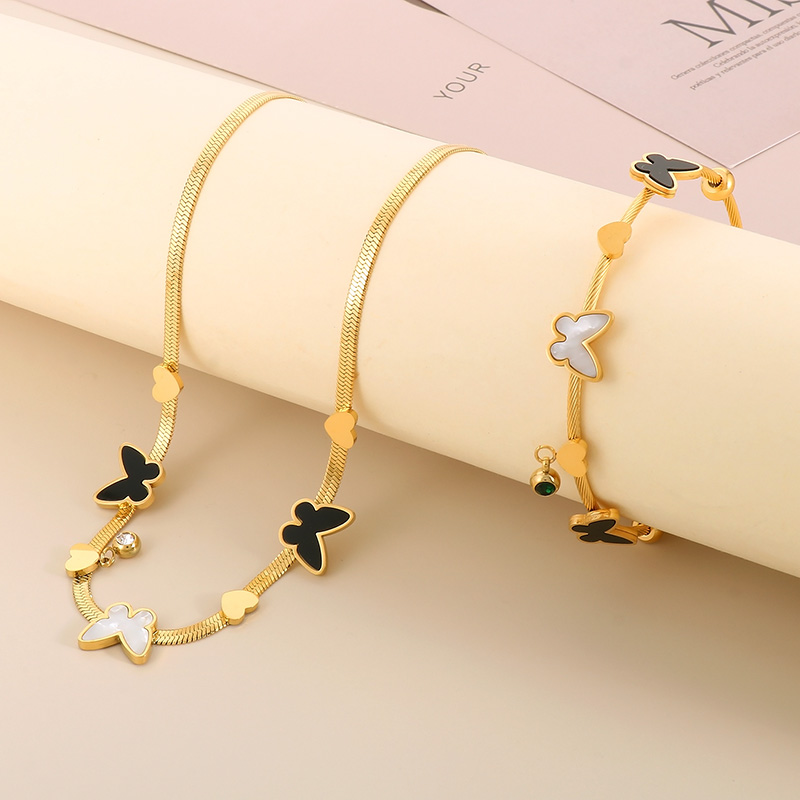 Titan Stahl 18 Karat Vergoldet Elegant Dame Schmetterling Armbänder Ohrringe Halskette display picture 2