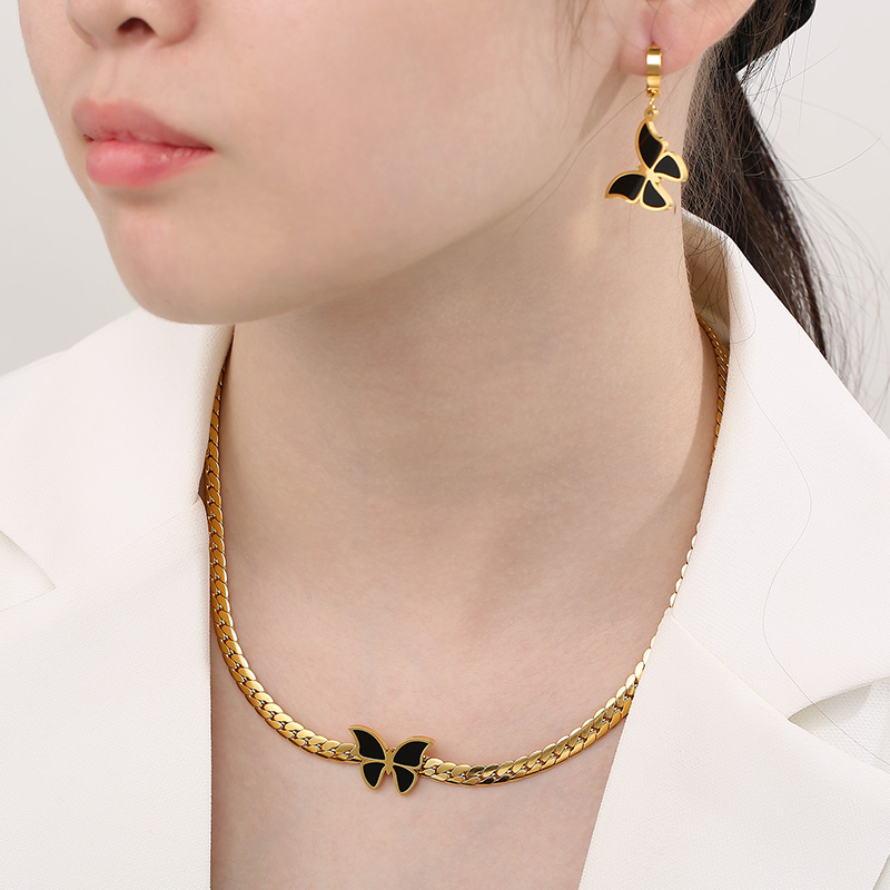 Acero Titanio Chapados en oro de 18k Elegante Señora Mariposa Pulsera Aretes Collar display picture 5
