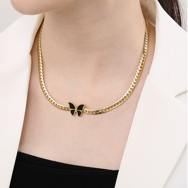 Acero Titanio Chapados en oro de 18k Elegante Señora Mariposa Pulsera Aretes Collar display picture 6