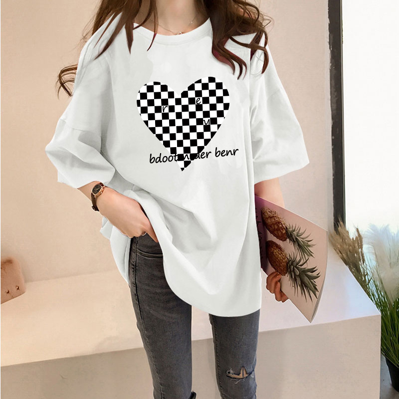 Women's T-shirt Short Sleeve T-Shirts Printing Casual Letter Heart Shape Checkered display picture 3