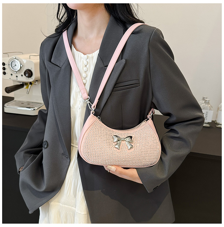 Women's Medium Pu Leather Solid Color Bow Knot Elegant Classic Style Rhinestone Pillow Shape Zipper Underarm Bag display picture 5