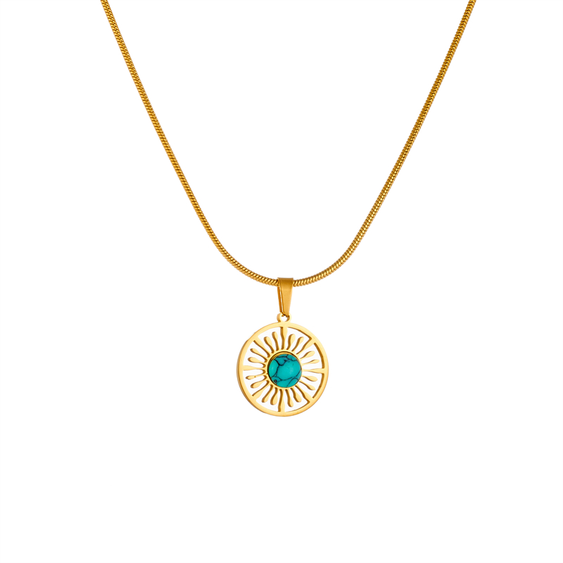 Titanium Steel 18K Gold Plated Vintage Style Simple Style Hollow Out Inlay Sun Turquoise Pendant Necklace display picture 1
