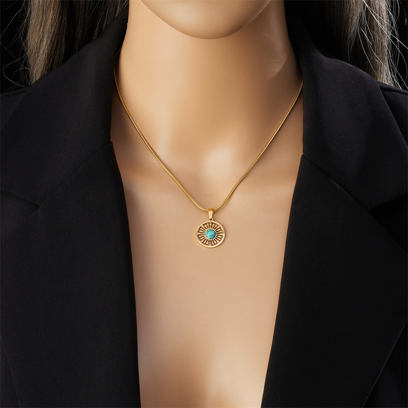Titanium Steel 18K Gold Plated Vintage Style Simple Style Hollow Out Inlay Sun Turquoise Pendant Necklace display picture 3