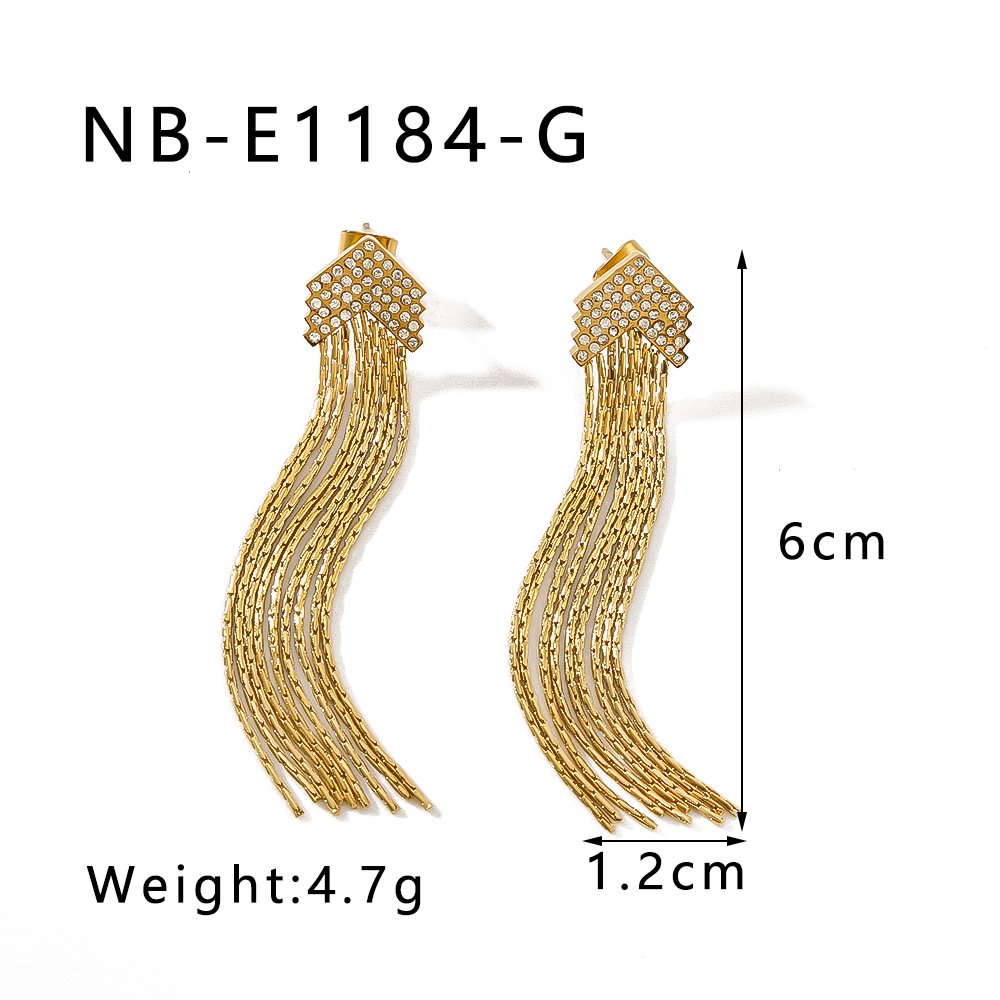 1 Pair IG Style Simple Style Shiny Tassel Lines Inlay 304 Stainless Steel Rhinestones 18K Gold Plated Drop Earrings display picture 2