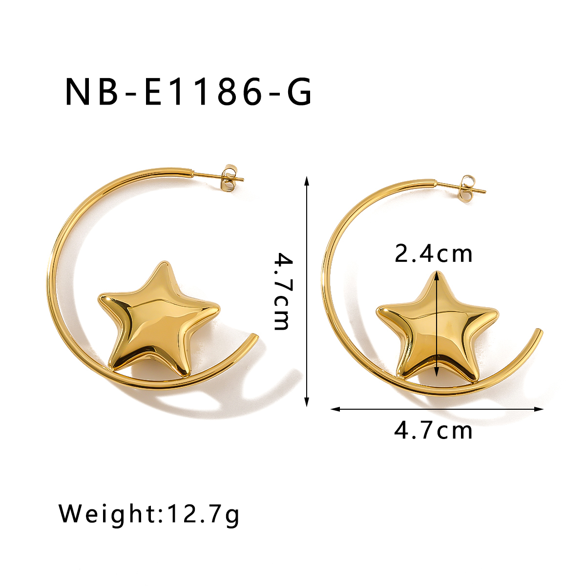 1 Pair IG Style Classic Style Shiny C Shape Pentagram Three-dimensional 304 Stainless Steel 18K Gold Plated Ear Studs display picture 2