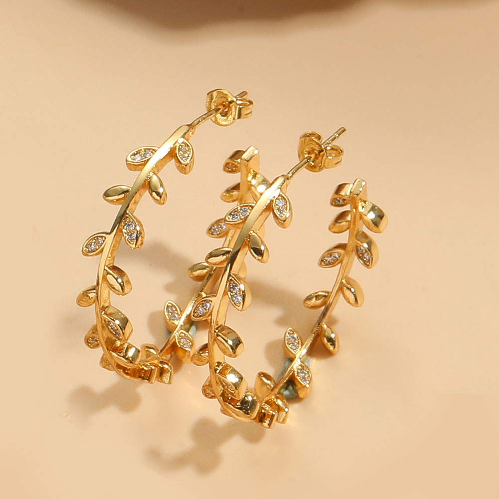 1 Pair Vintage Style Leaves Inlay Copper Zircon 14K Gold Plated Ear Studs display picture 3