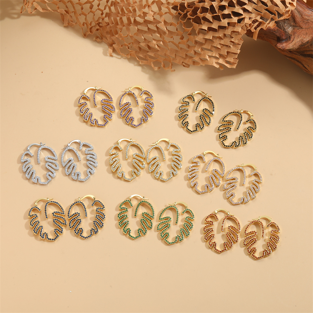 1 Pair Vintage Style Leaves Inlay Copper Zircon 14K Gold Plated Ear Studs display picture 5