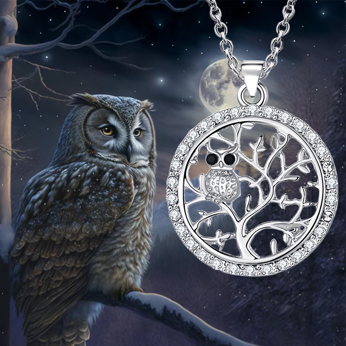 Modern Style Artistic Cool Style Owl Life Tree Alloy Inlay Rhinestones Unisex Pendant Necklace display picture 3