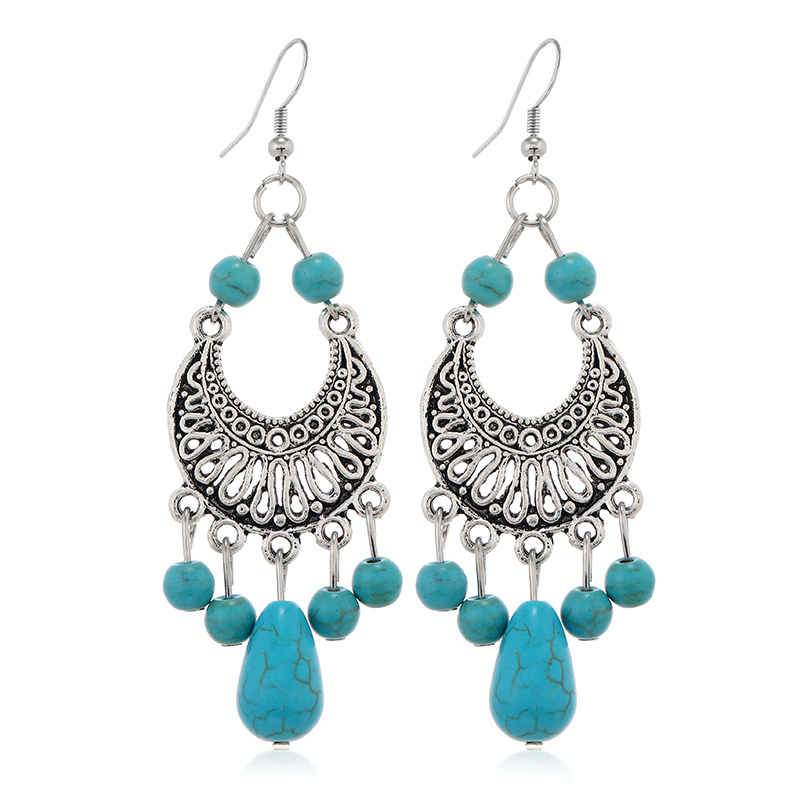 1 Pair Ethnic Style Classic Style Moon Water Droplets Inlay Alloy Turquoise Drop Earrings display picture 1