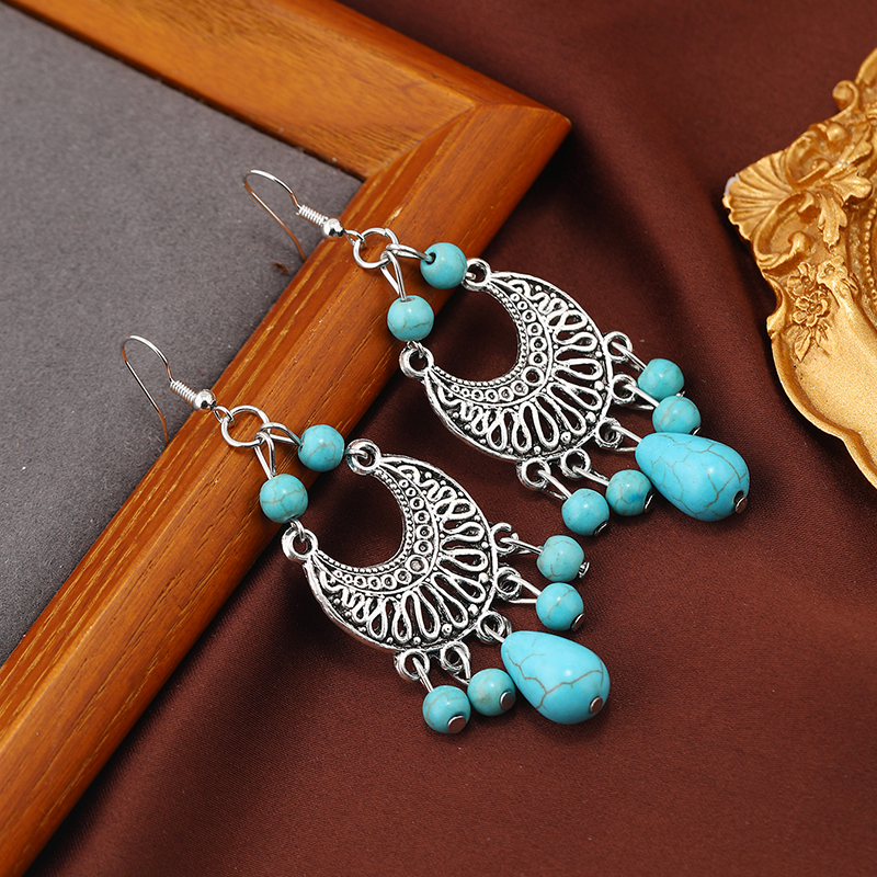 1 Pair Ethnic Style Classic Style Moon Water Droplets Inlay Alloy Turquoise Drop Earrings display picture 3