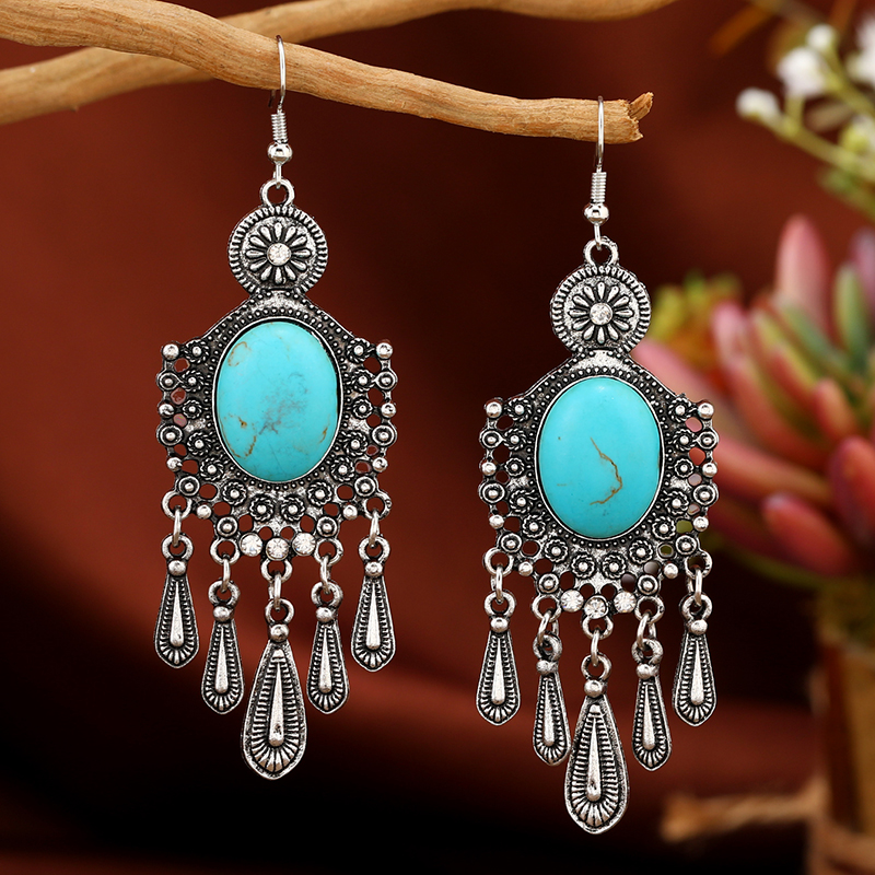 1 Pair Ethnic Style Classic Style Geometric Water Droplets Inlay Alloy Turquoise Rhinestones Drop Earrings display picture 1