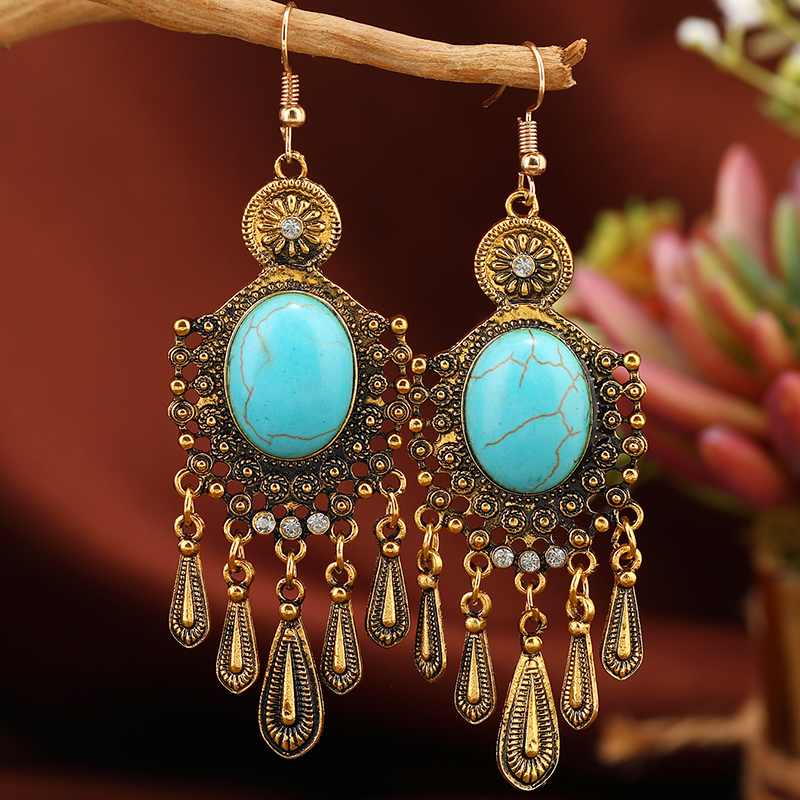 1 Pair Ethnic Style Classic Style Geometric Water Droplets Inlay Alloy Turquoise Rhinestones Drop Earrings display picture 4