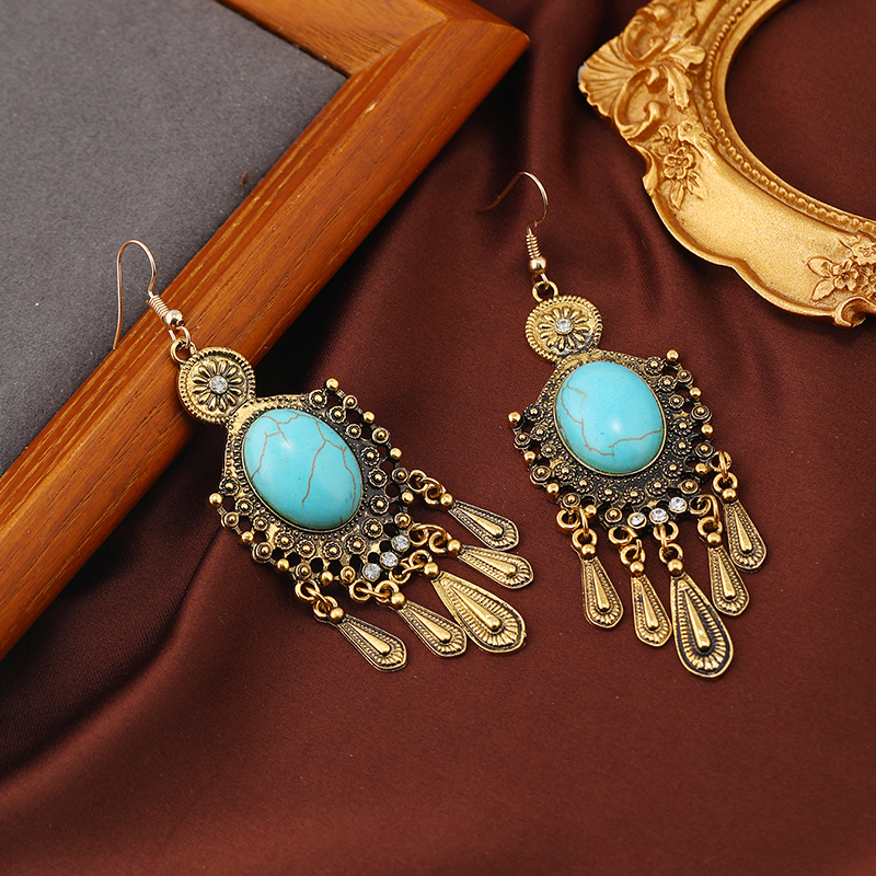 1 Pair Ethnic Style Classic Style Geometric Water Droplets Inlay Alloy Turquoise Rhinestones Drop Earrings display picture 7