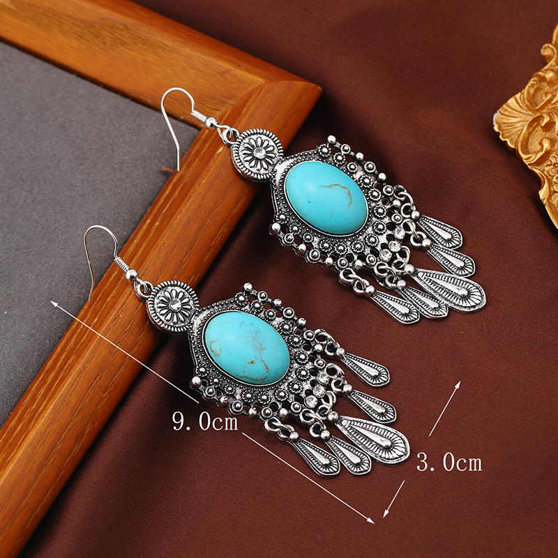1 Pair Ethnic Style Classic Style Geometric Water Droplets Inlay Alloy Turquoise Rhinestones Drop Earrings display picture 5