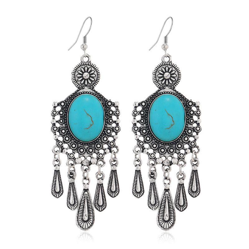 1 Pair Ethnic Style Classic Style Geometric Water Droplets Inlay Alloy Turquoise Rhinestones Drop Earrings display picture 3