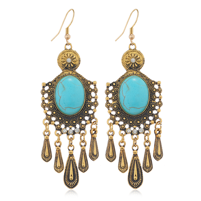 1 Pair Ethnic Style Classic Style Geometric Water Droplets Inlay Alloy Turquoise Rhinestones Drop Earrings display picture 10