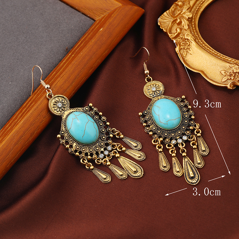 1 Pair Ethnic Style Classic Style Geometric Water Droplets Inlay Alloy Turquoise Rhinestones Drop Earrings display picture 9