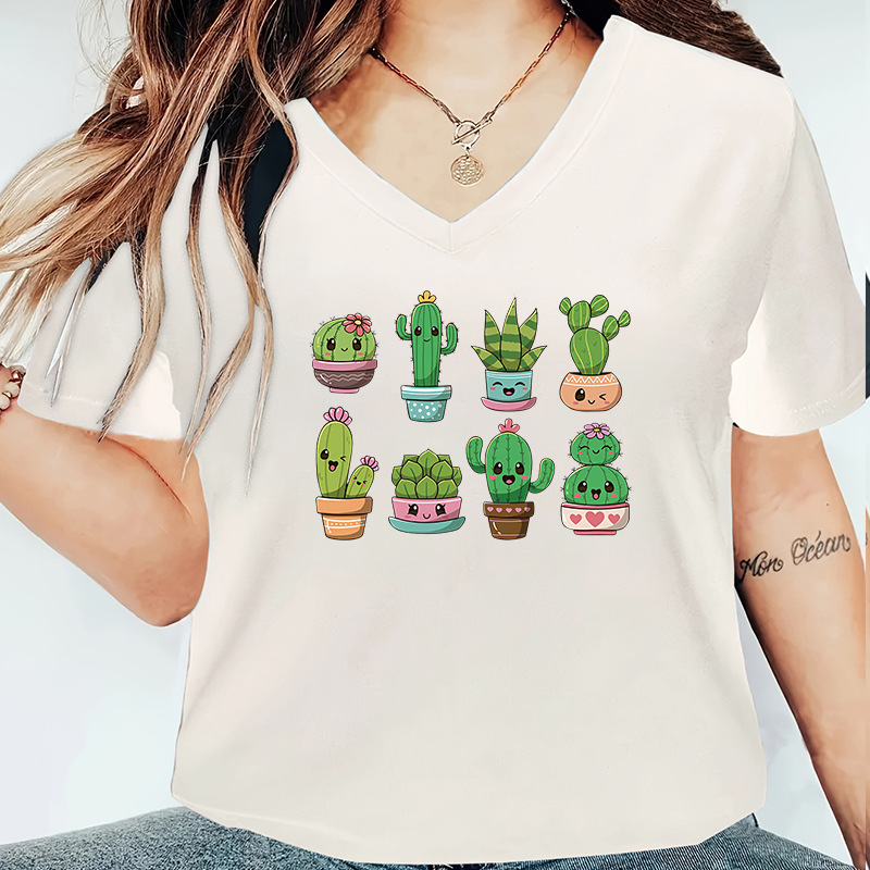 Women's T-shirt Short Sleeve T-Shirts Printing Simple Style Cactus Cartoon Letter display picture 3
