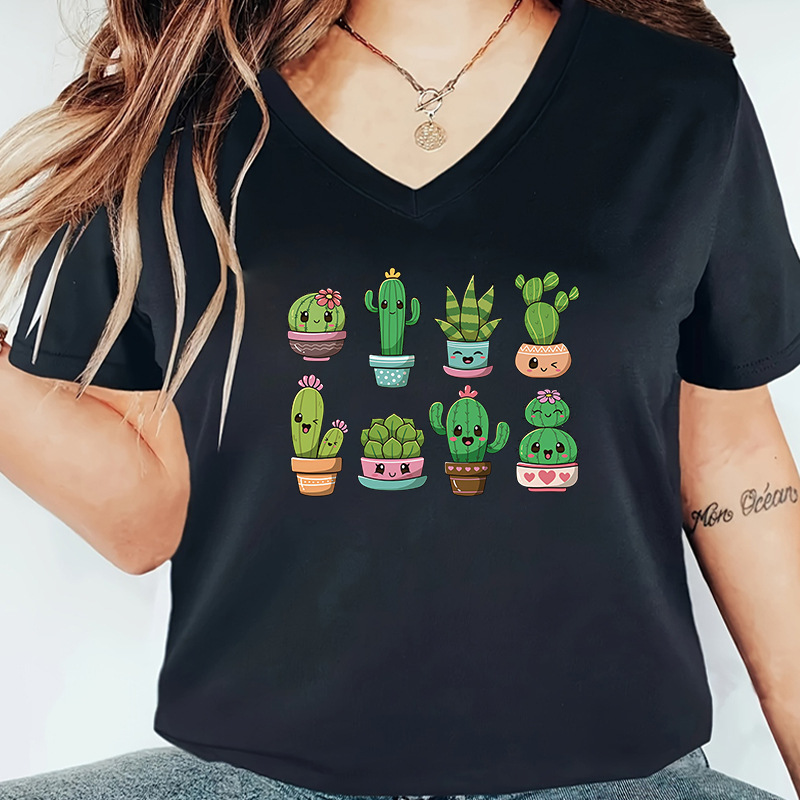 Women's T-shirt Short Sleeve T-Shirts Printing Simple Style Cactus Cartoon Letter display picture 4
