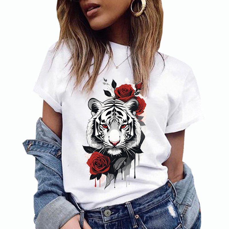 Women's T-shirt Short Sleeve T-Shirts Printing Streetwear Rose Tiger display picture 1
