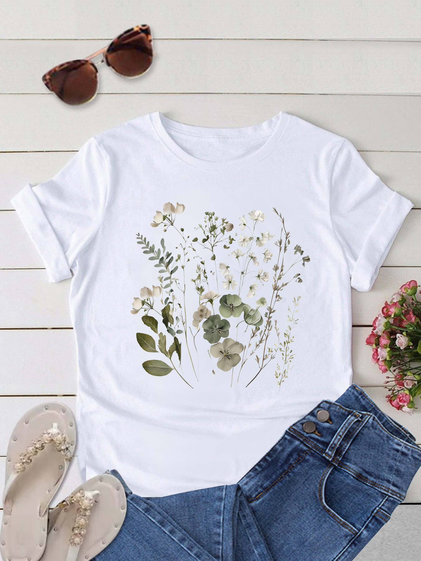 Women's T-shirt Short Sleeve T-Shirts Printing Streetwear Flower display picture 2