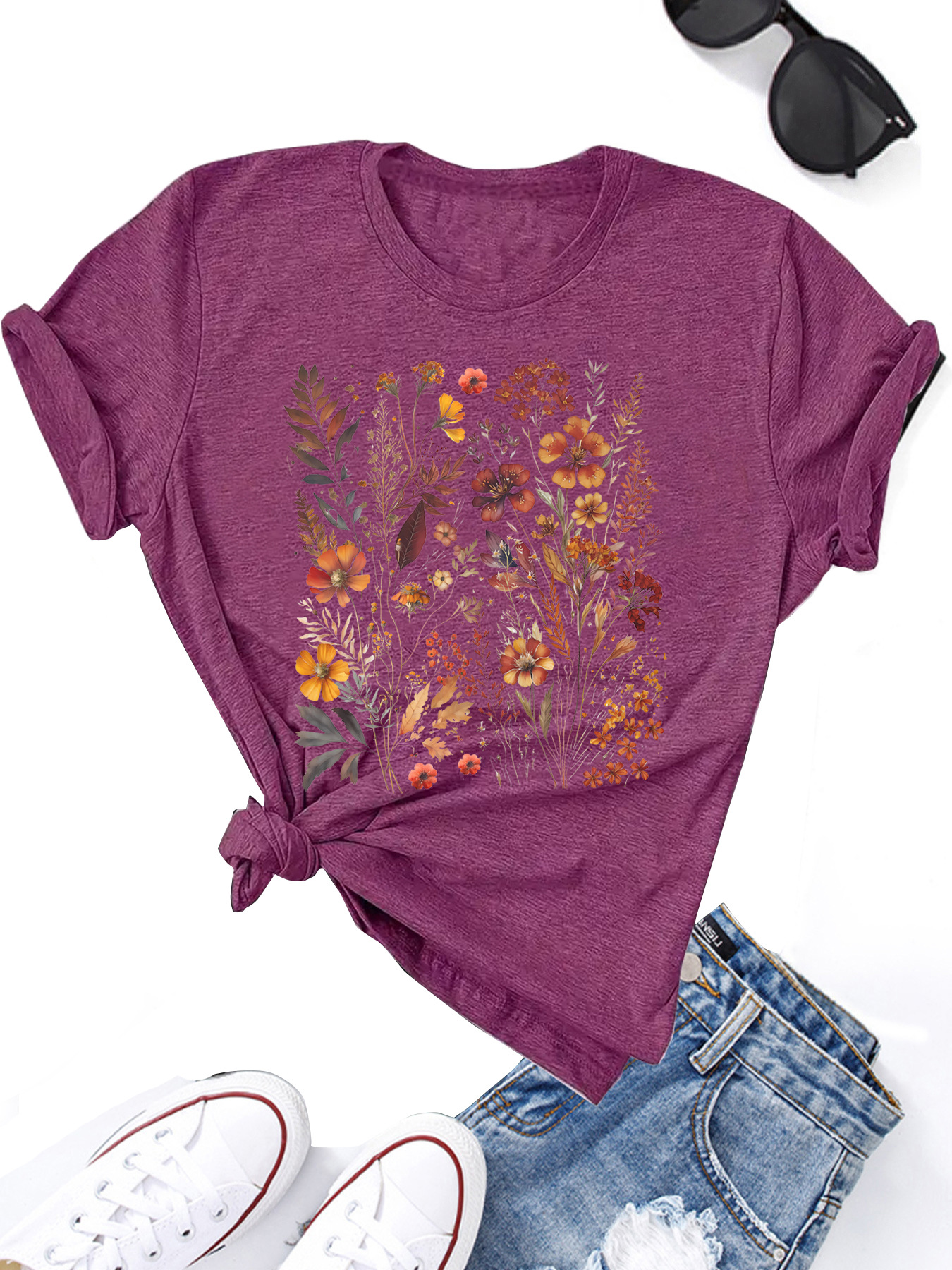 Frau T-Shirt Kurzarm T-Shirts Drucken Strassenmode Blume display picture 3