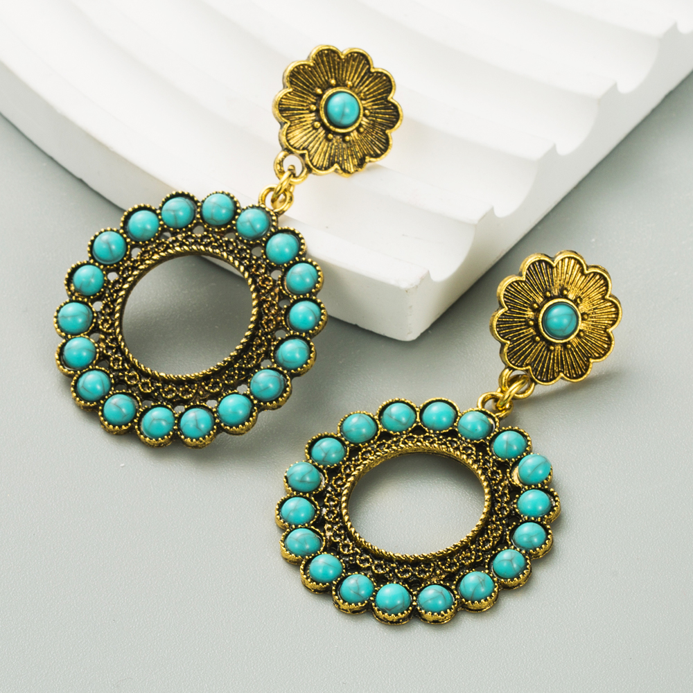 1 Pair Vintage Style Vacation Ethnic Style Round Plating Inlay Alloy Turquoise Drop Earrings display picture 4