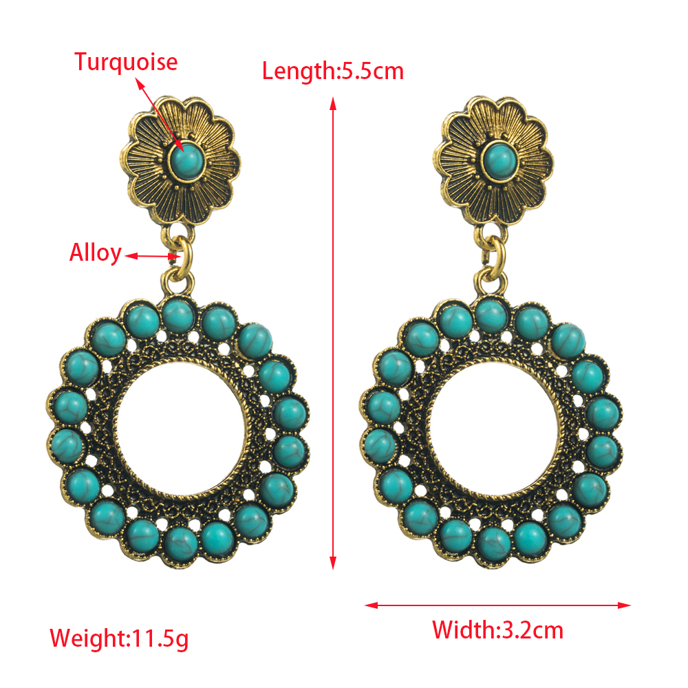 1 Pair Vintage Style Vacation Ethnic Style Round Plating Inlay Alloy Turquoise Drop Earrings display picture 1