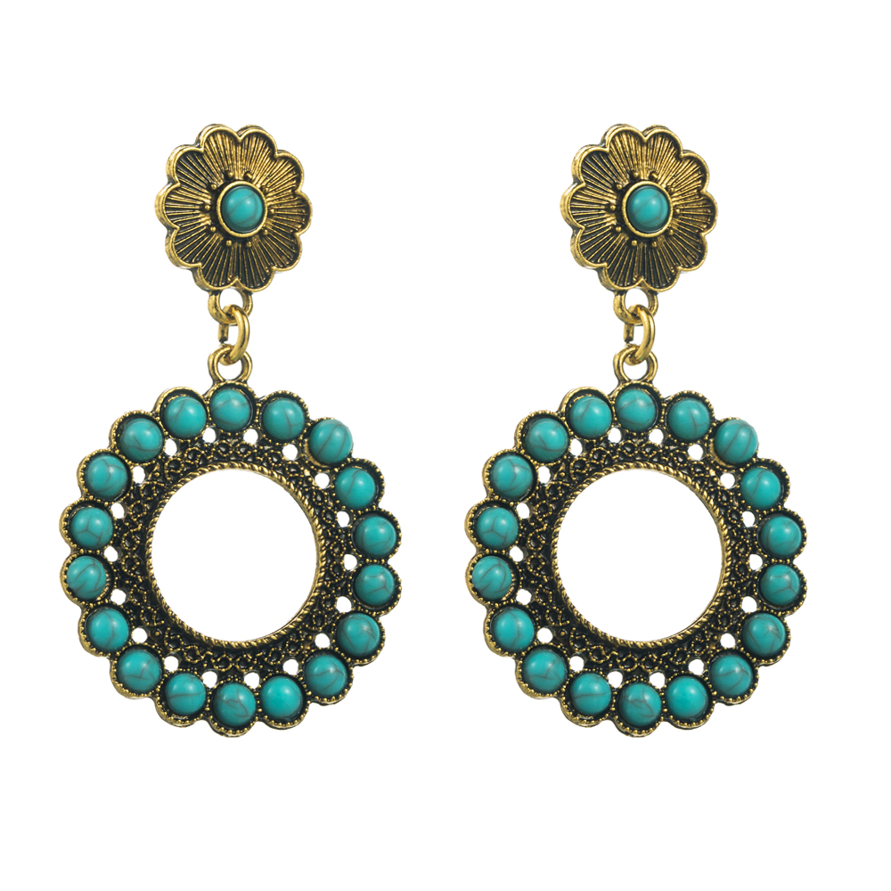 1 Pair Vintage Style Vacation Ethnic Style Round Plating Inlay Alloy Turquoise Drop Earrings display picture 5