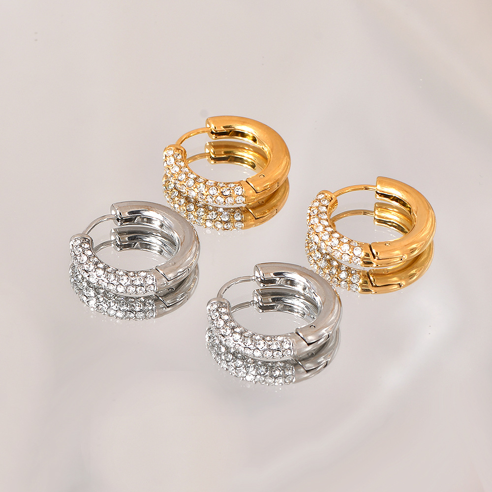 1 Pair Retro Geometric Inlay Titanium Steel Zircon 18K Gold Plated Earrings display picture 3
