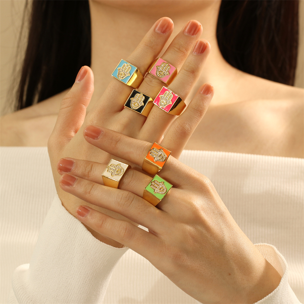 Copper 18K Gold Plated IG Style Vacation Beach Enamel Inlay Palm Square Hand Of Fatima Zircon Open Rings display picture 1