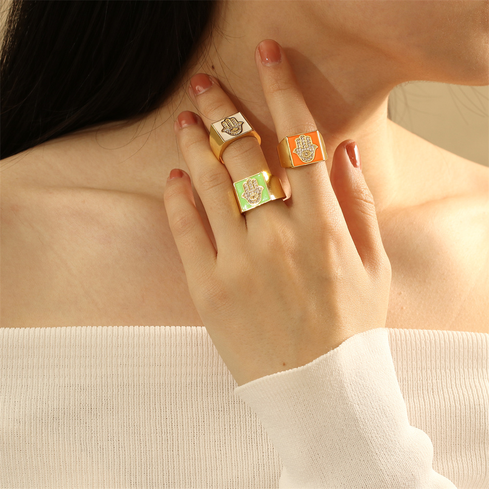 Copper 18K Gold Plated IG Style Vacation Beach Enamel Inlay Palm Square Hand Of Fatima Zircon Open Rings display picture 2
