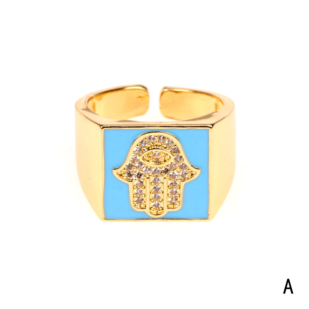 Copper 18K Gold Plated IG Style Vacation Beach Enamel Inlay Palm Square Hand Of Fatima Zircon Open Rings display picture 4