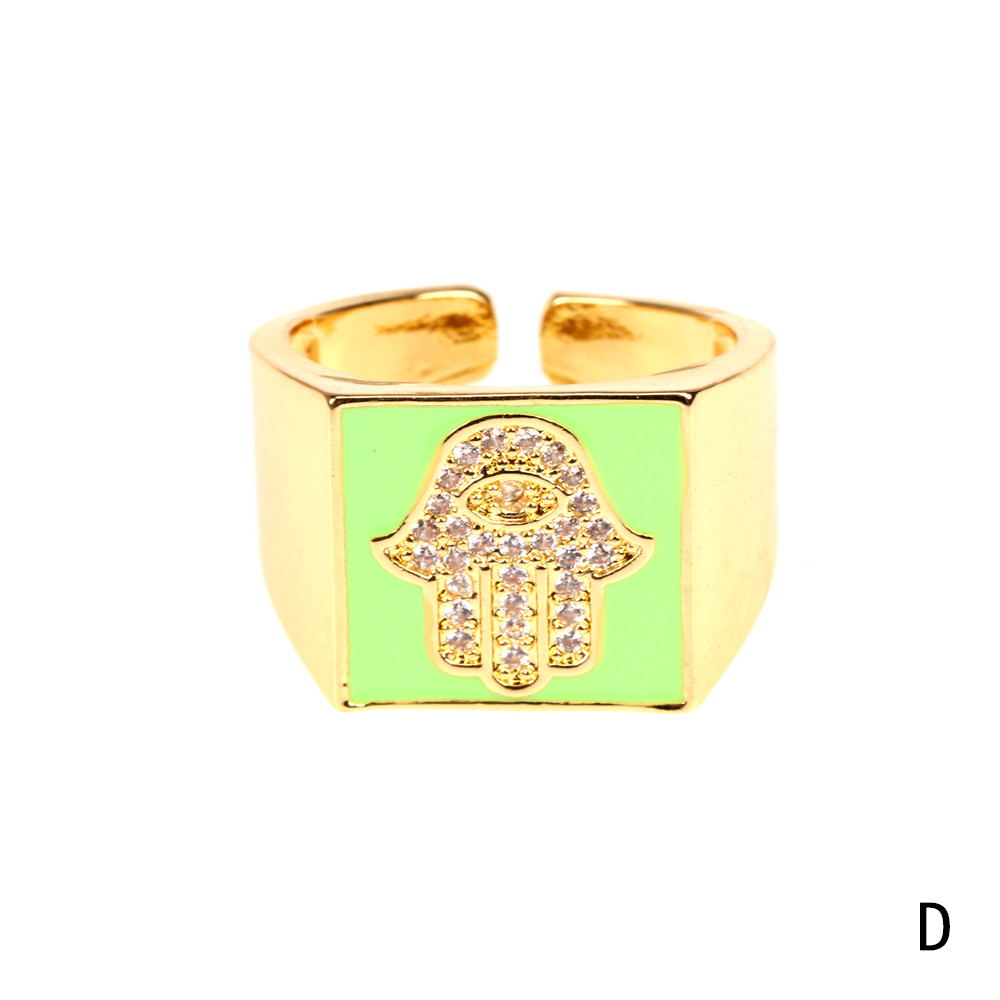 Copper 18K Gold Plated IG Style Vacation Beach Enamel Inlay Palm Square Hand Of Fatima Zircon Open Rings display picture 7